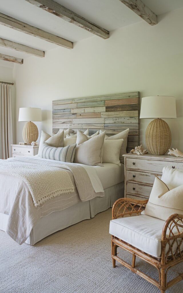 A coastal bedroom with a cozy bed and reclaimed wood headboard. The bedding is in soft neutral shades and is layered with textured throws and pillows. A distressed wooden dresser with a whitewashed finish is nearby, decorated with seashells and a woven lamp. Both nightstands hold a plain blue vase. The ceiling has exposed wooden beams. A rattan armchair with a soft linen cushion is placed in the corner, creating a reading nook.