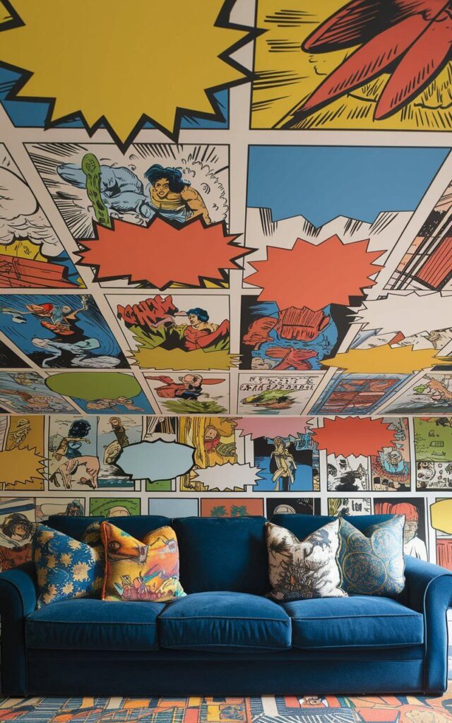 A close-up view of a ceiling wallpaper designed like a comic strip. The comic strip has vibrant colors, bold black outlines, and features action-packed imagery. There are also colorful speech bubbles. Below the ceiling, a cozy sofa covered in eclectic throw pillows is placed. The room has a playful vibe and is a retreat for comic book lovers and art enthusiasts.