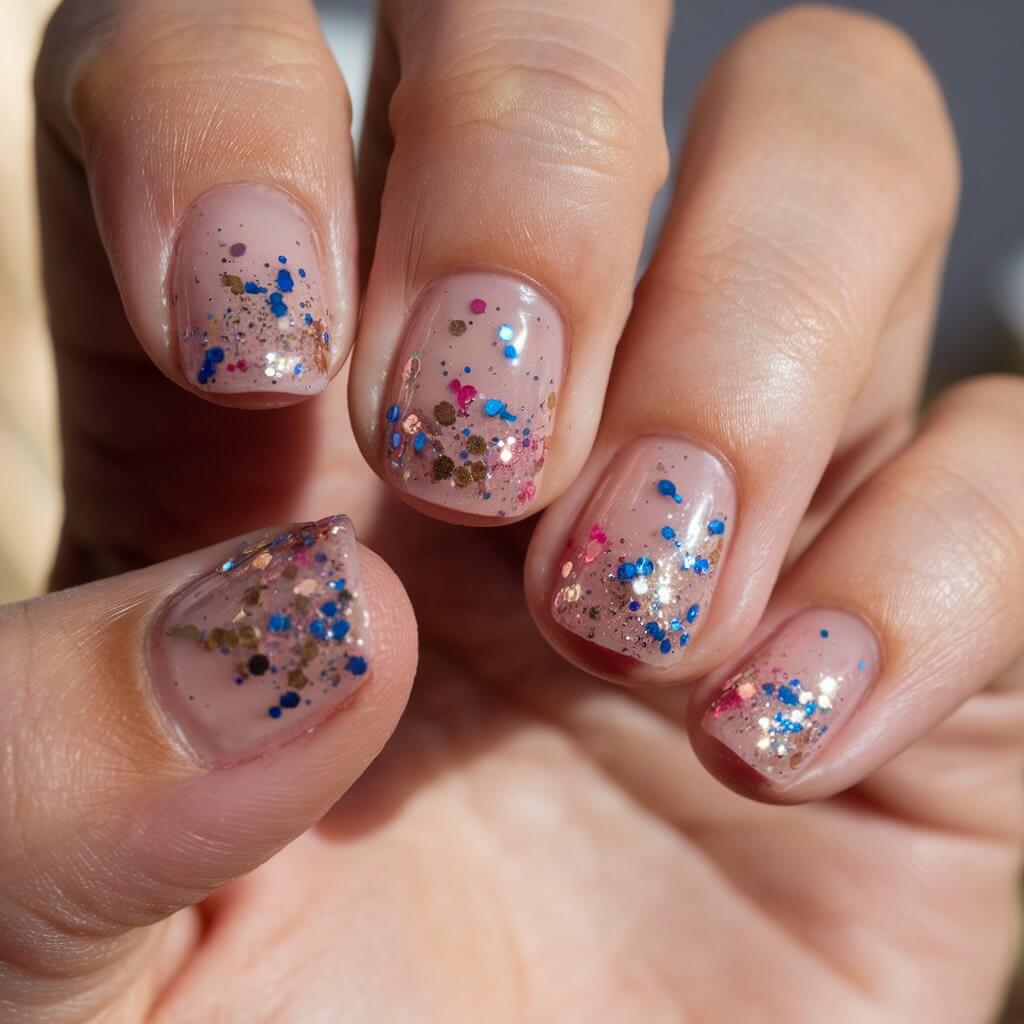 A close-up photo of a well-moisturized woman's hand with five fingers. Each nail has a translucent pink base and is adorned with multi-colored glitter flakes in shades of blue, pink, gold, and silver. The glitter is scattered in a way that mimics the look of fun confetti, creating a joyful and festive appearance. The hand is posed playfully, with fingers slightly spread to showcase the vibrant design. The background is natural, with soft lighting that enhances the sparkling elements. The glossy top coat gives the nails a smooth finish, ensuring the manicure looks fresh and party-ready.