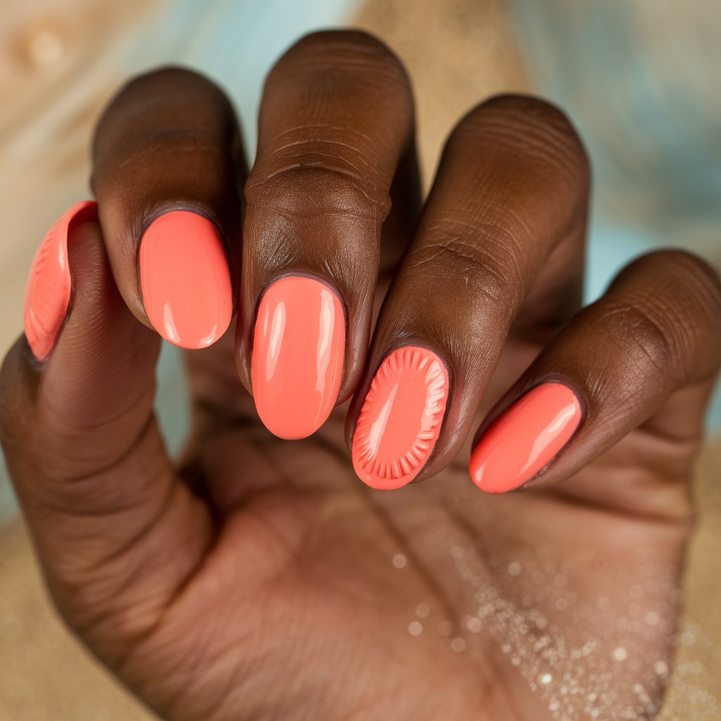 A photo of a black woman's hand with five fingers painted in a soft coral orange shade, reminiscent of tropical beach vibes. The nails are oval-shaped and coated with a high-shine finish that reflects the natural background lighting beautifully. The warm, peachy undertones of the polish complement the woman's skin tone, enhancing the fresh, sun-kissed look. The nails have seashell-inspired accents. The fingers are slightly curled, displaying the flawless application and neatly trimmed cuticles. A softly blurred background with hints of soft blue and sandy beige adds to the beachy aesthetic.