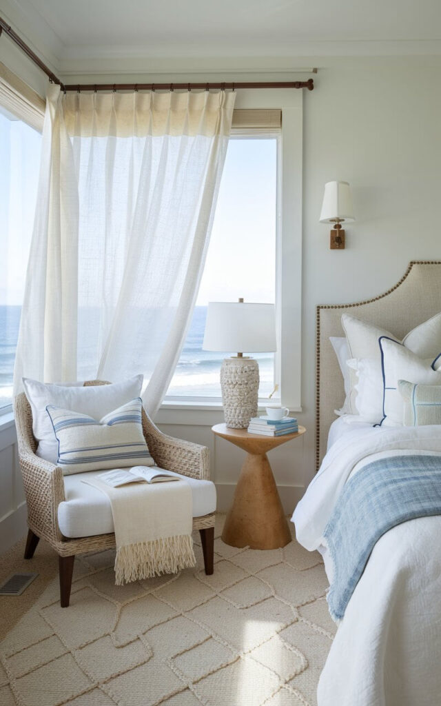 A thoughtfully designed coastal bedroom featuring a charming seating nook perfect for relaxation. Nestled near a large window that offers a view of the ocean, a very cozy headboard bed with plush white linens and soft blue accent pillows invites restful sleep. In the corner, a comfortable woven armchair with a linen cushion and a fringed throw blanket creates a perfect reading space. A small wooden side table holds a plain seashell-adorned lamp and a steaming cup of tea. The nook is bathed in natural light, with sheer curtains gently swaying, adding to the peaceful, beach-inspired ambiance.