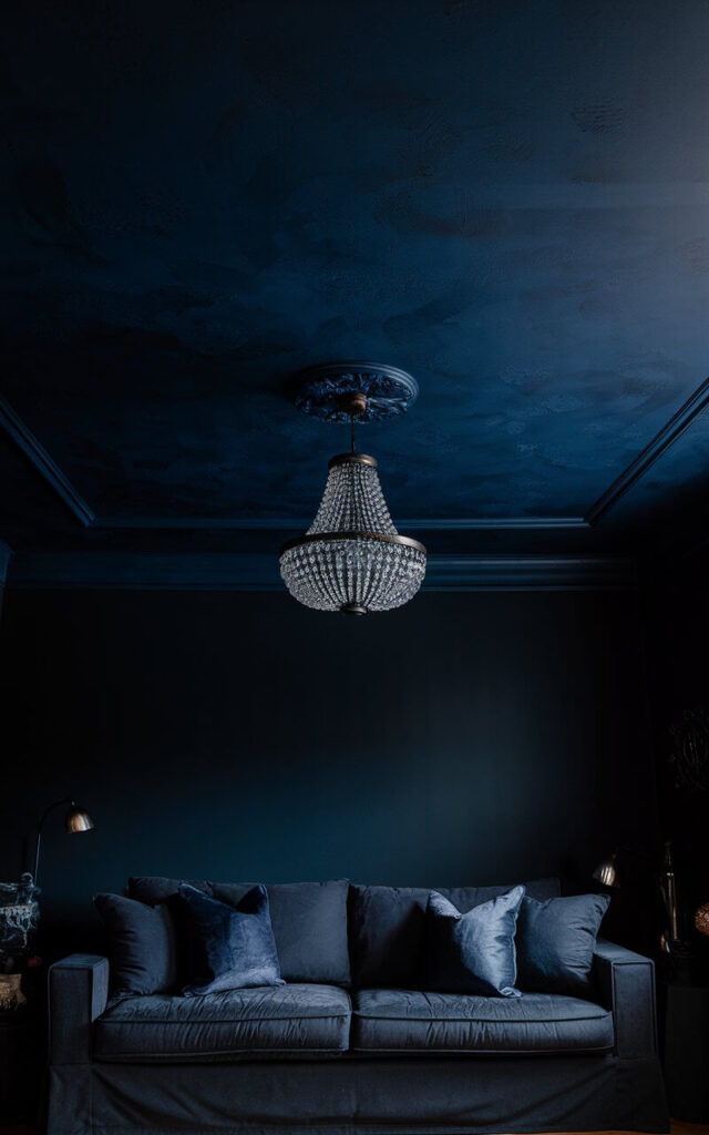 A photo of a deep navy ceiling with subtle, textured patterns. The ceiling is adorned with a chandelier. Below the ceiling, a cozy charcoal sofa sits against a dimly lit wall. The space is filled with moody decor accents, enhancing the rich, dramatic ambiance of the room.