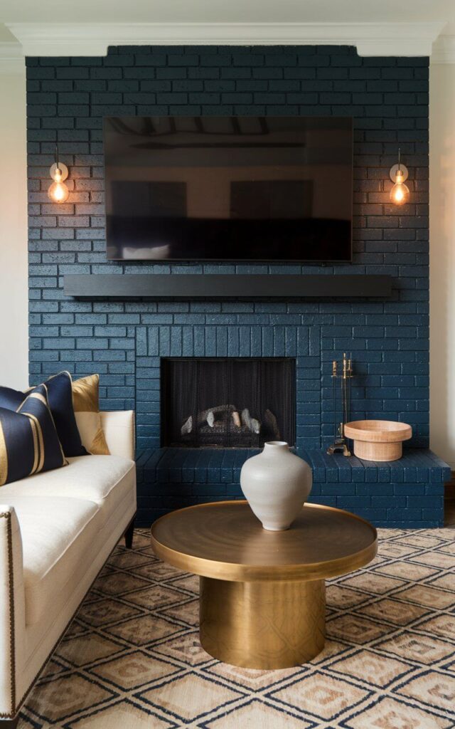 A living space with a deep blue-painted brick fireplace as the focal point. The fireplace has a sleek black mantel that holds an oversized large television. There's a cozy sofa in cream fabric with navy and gold accent pillows facing the fireplace. A brass coffee table with a large ceramic vase sits atop a geometric-patterned rug. Wall sconces with warm Edison bulbs flank the fireplace, casting a soft glow.