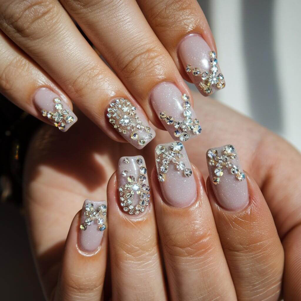 A close-up shot of a woman's left hand with diamond-studded birthday nails. The nails have a nude or sheer pink base and are adorned with tiny, clear rhinestones arranged in delicate patterns. Some nails feature a single crystal at the base, while others have a sparkling cascade of gems. The hand is positioned gracefully, with fingers slightly bent to catch the light on the rhinestones. The glossy top coat enhances the brilliance of the gems. Natural background lighting reflects off the stones, creating a dazzling effect that makes the manicure perfect for a glamorous birthday celebration.