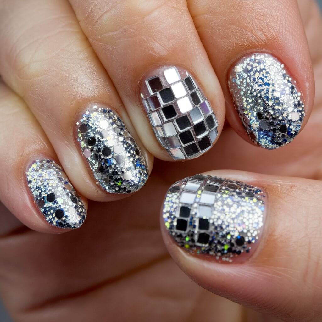 A close-up shot of a well-moisturized woman's hand displaying five fingers with disco ball-inspired birthday nails. The nails are coated in ultra-reflective silver glitter, with some featuring tiny mirrored sequin pieces to mimic the sparkle of a real disco ball. The design catches the light from every angle, creating a mesmerizing effect. The fingers are positioned to maximize the shimmer and reflection. Natural background lighting enhances the sparkle, making the nails appear dazzling and party-ready. A high-gloss top coat ensures a smooth, mirror-like finish, making this manicure the ultimate choice for a birthday celebration full of dancing and fun.