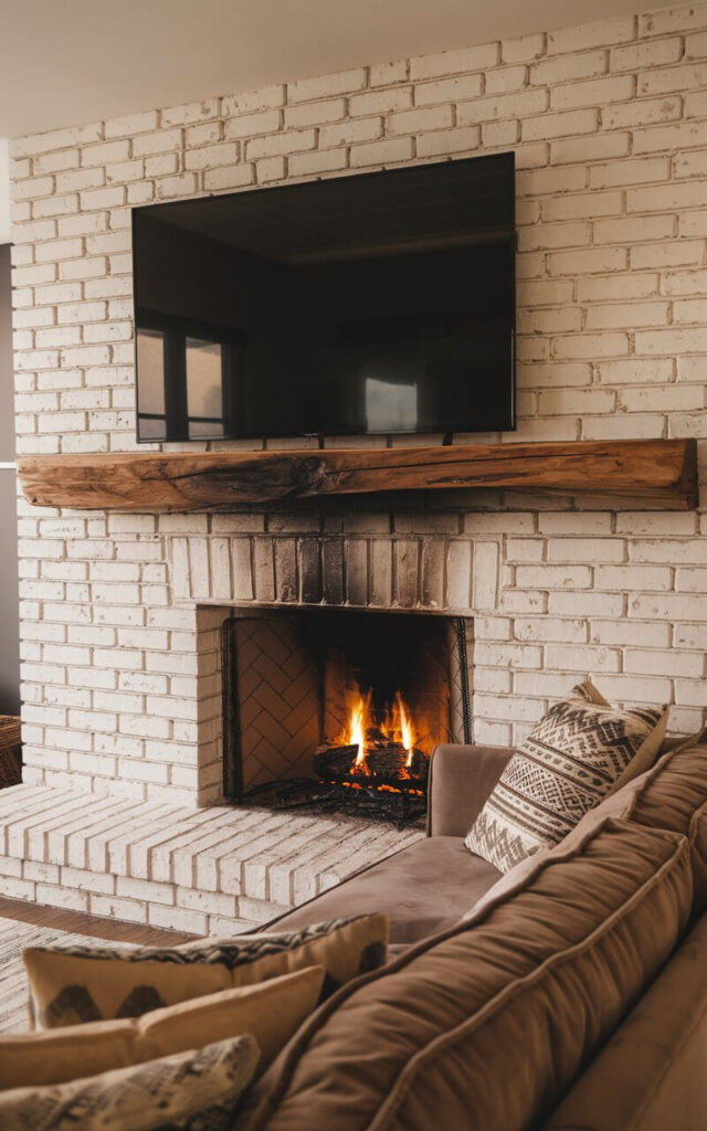 A cozy living room with a whitewashed brick fireplace. The fireplace has a distressed finish and features a thick wooden mantel. An oversized black television is placed on the mantel. A taupe sofa with patterned pillows is positioned to face the fireplace. A warm, golden glow emanates from the flickering fire.