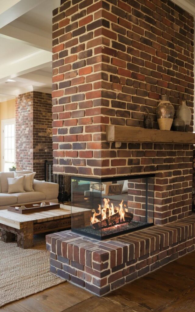 A photo of a spacious living room with a grand double-sided brick fireplace. The fireplace acts as a room divider, with one side containing a cozy sofa, a reclaimed wood coffee table, and a woven jute rug. The other side of the fireplace is partially visible, revealing a mantel with vases. The exposed red brick extends from floor to ceiling, and a see-through firebox offers a mesmerizing view of flickering flames. The room has a warm and inviting atmosphere.