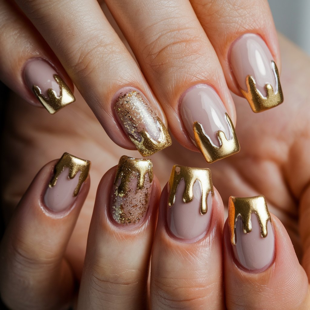 A close-up shot of a woman's hand with five fingers, each featuring dripping gold birthday nails. The nails have a soft nude or pink base and are accented with metallic gold polish that appears to be melting down from the tips, creating a luxurious dripping effect. Some nails also feature fine gold glitter for added sparkle. The fingers are gently positioned to emphasize the liquid gold design. The background lighting enhances the metallic sheen, making the drips appear rich and dimensional. A high-shine top coat ensures a smooth, flawless finish, making this manicure the epitome of birthday glamour.