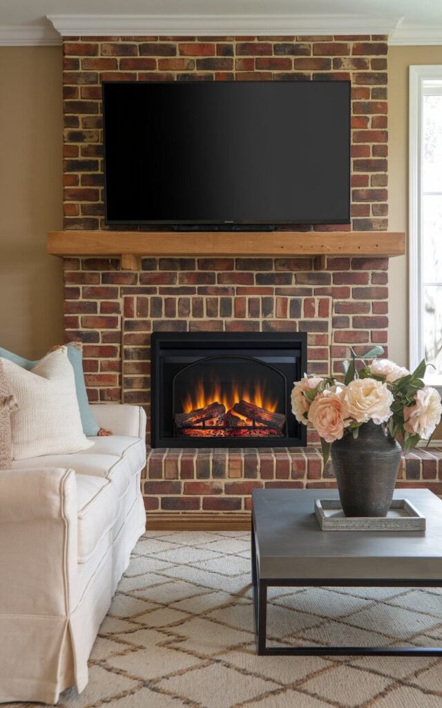 A photo of a living room with a traditional brick fireplace transformed with a sleek electric insert. The electric flames flicker behind a glass panel, framed by the rich red brick surround. Above, a slim wooden mantel holds a large oversized television. A very cozy sofa faces the fireplace, its overstuffed cushions covered in soft, off-white fabric, accessorized with a mix of textured pillows. A low coffee table with a modern metal base wit a large vase of large flowers sits on a patterned area rug, adding a touch of contemporary flair to the cozy scene.