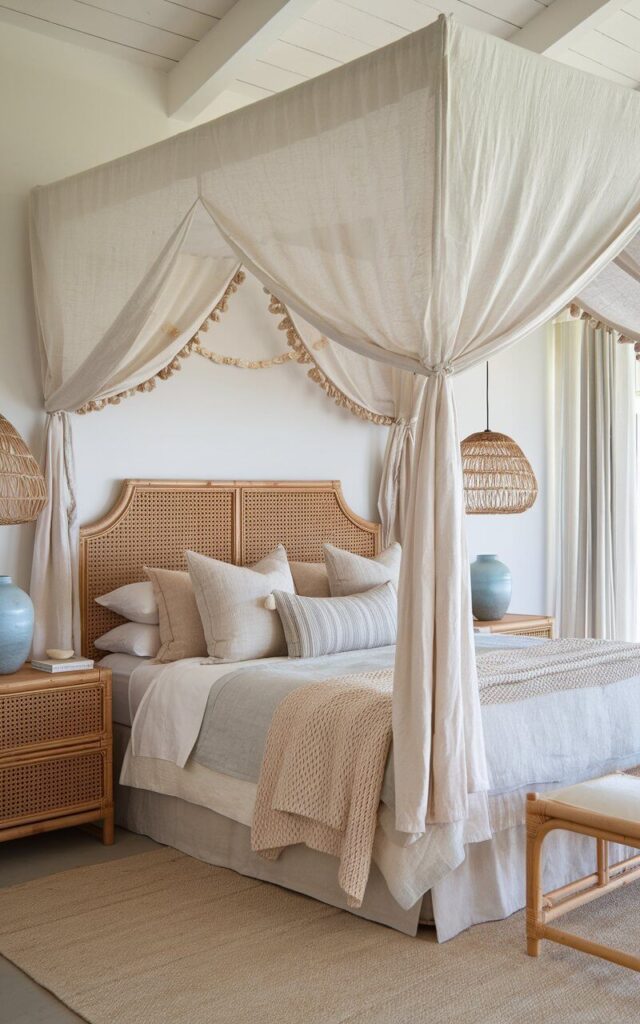 A dreamy coastal bedroom featuring an elegant canopy bed draped with flowing white fabric, evoking the feel of a luxurious beachside escape. The cozy bed is dressed in linen bedding in soft sand and seafoam hues, accompanied by textured pillows and a lightweight knit throw. The rattan headboard and matching bedside tables introduce natural warmth, while a woven pendant light hangs above, casting a soft, inviting glow. Both nightstands hold a plain blue vase lighting. A subtle seashell garland decorates the canopy, reinforcing the coastal aesthetic. The open, airy space is completed with soft sheer curtains framing the large windows, allowing ocean breezes to drift in.