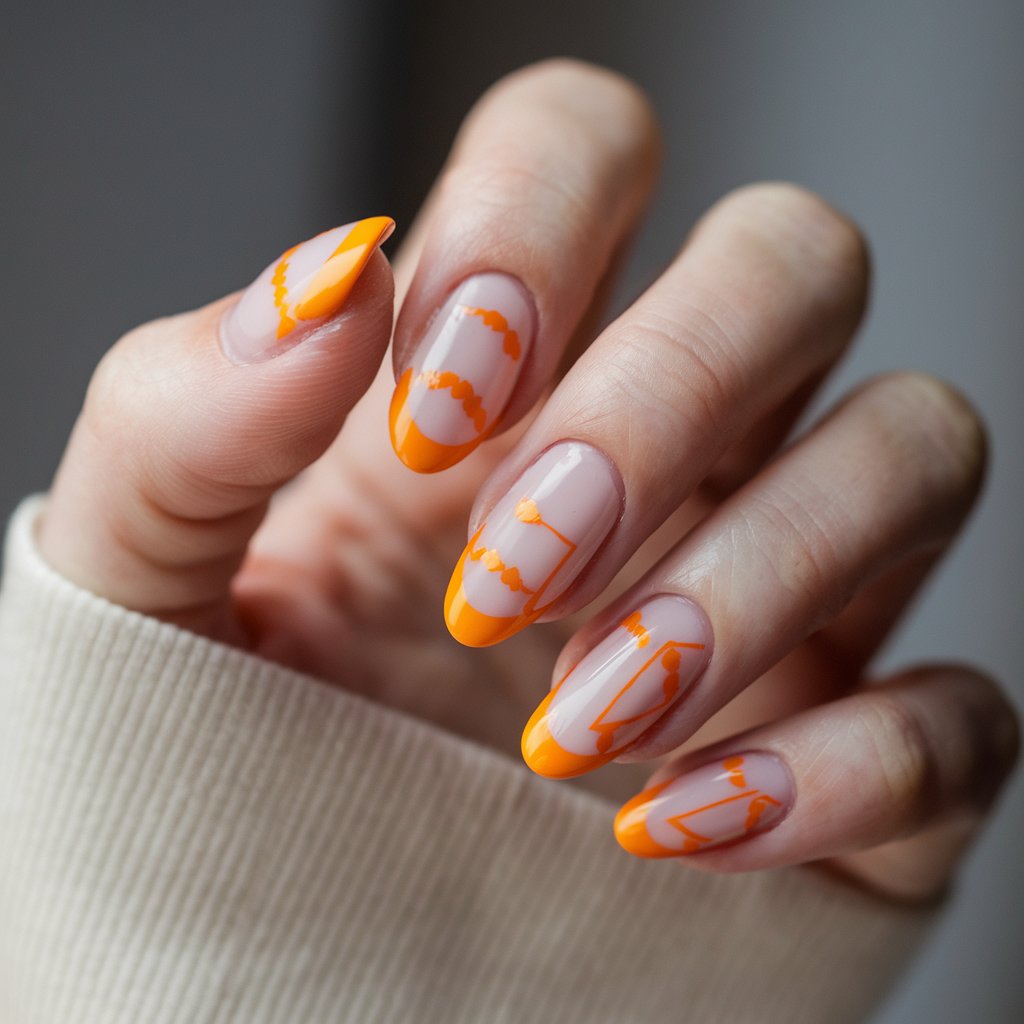 A photo of a well-moisturized woman's hand with a refined orange and nude manicure. The nails feature a sheer nude base with delicate orange accents, including half-moon designs and geometric patterns. The nails are medium-length and almond-shaped, creating a sophisticated yet playful aesthetic. The natural background lighting softly highlights the contrast between the neutral and vibrant tones. The fingers are positioned gracefully, emphasizing the chic and understated beauty of the design. A blurred, neutral background ensures the elegant color combination remains the focal point.