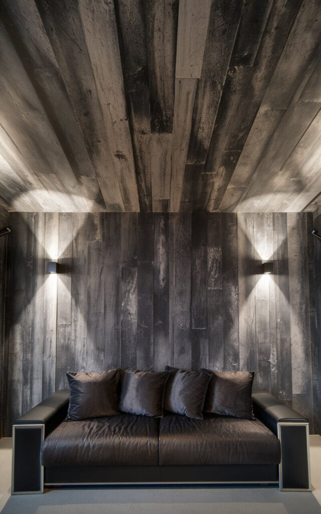 A photo of a close-up view of a ceiling wallpaper that replicates the raw, industrial look of concrete. The wallpaper has subtle variations in tone and texture, with shades of charcoal and gray. Below the ceiling, there is a very cozy sofa in deep charcoal tones, paired with sleek black accents. The sofa complements the edgy design. Industrial modern sconces cast a soft, atmospheric glow, enhancing the modern loft-inspired setting.