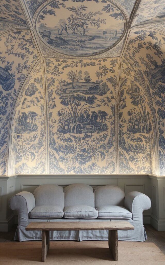 A photo of a cozy room with a vintage European charm. The ceiling has a blue and white French toile pattern wallpaper with an intricate design of pastoral scenes and ornate floral motifs. Below the ceiling, there is a soft linen upholstered sofa and a rustic wooden coffee table. The room has soft ambient lighting that accentuates the wallpaper's fine detailing and adds a timeless sophistication to the elegant interior.