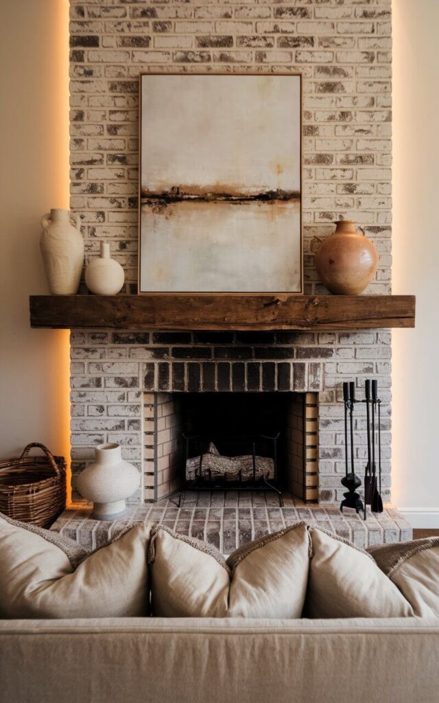 A cozy living space with a German smear brick fireplace. The fireplace has a white mortar-covered brick and a reclaimed wood mantel. The mantel holds an assortment of vases and an oversized painting. There is a soft, ambient lighting that highlights the fireplace's rich texture. A very cozy sofa, upholstered in soft linen with oversized cushions, faces the fireplace.