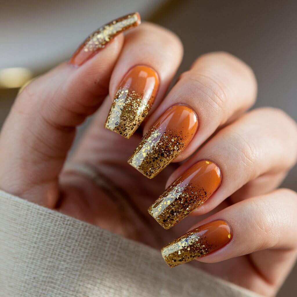 A close-up shot of a well-moisturized woman's hand with a dazzling gold glitter and orange manicure. The nails are long and coffin-shaped, with a burnt orange base and gold glitter accents applied as an ombré effect or full-coverage sparkle. The natural background lighting enhances the shimmer, making the glitter appear multidimensional. The fingers are slightly curled, allowing the reflective particles to catch the light from different angles. A softly blurred background in neutral tones subtly complements the luxurious and glamorous look of the manicure.