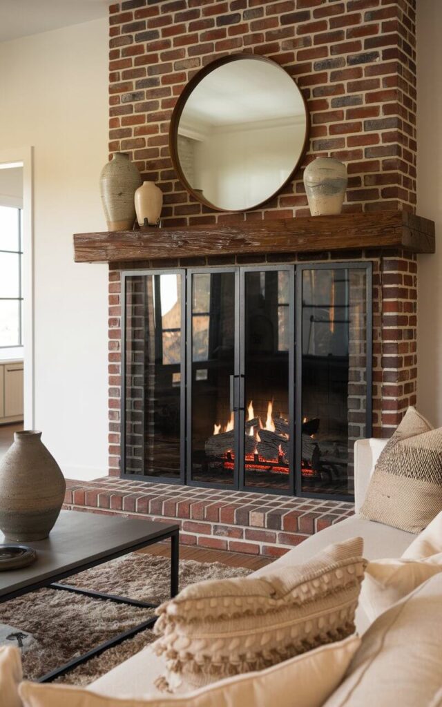 A photo of a living room with a sophisticated brick fireplace. The fireplace has sleek glass doors framed in matte black metal. The warm red brick contrasts with the crisp white walls. A rustic wooden mantel holds an oversized round mirror and three ceramic vases. A cozy sofa with plush cream fabric cushions and textured pillows in neutral hues faces the fireplace. A low coffee table with a large vase sits on a shaggy area rug. The glass doors allow the dancing flames to remain visible while maintaining a clean, modern aesthetic.