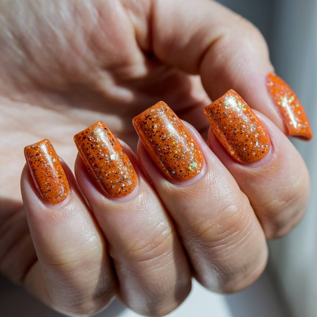 A close-up of a well-moisturized woman's hand with five fingers adorned with dazzling orange glitter nails. The nails feature a rich, tangerine base with fine golden glitter particles that catch the light, creating a mesmerizing sparkle. The nails are long and square-shaped, providing a luxurious, bold appearance. The natural background lighting enhances the shimmer effect, making the glitter sparkle at different angles. The fingers are positioned elegantly, drawing attention to the multidimensional shine of the manicure, while a softly blurred background adds a subtle contrast.