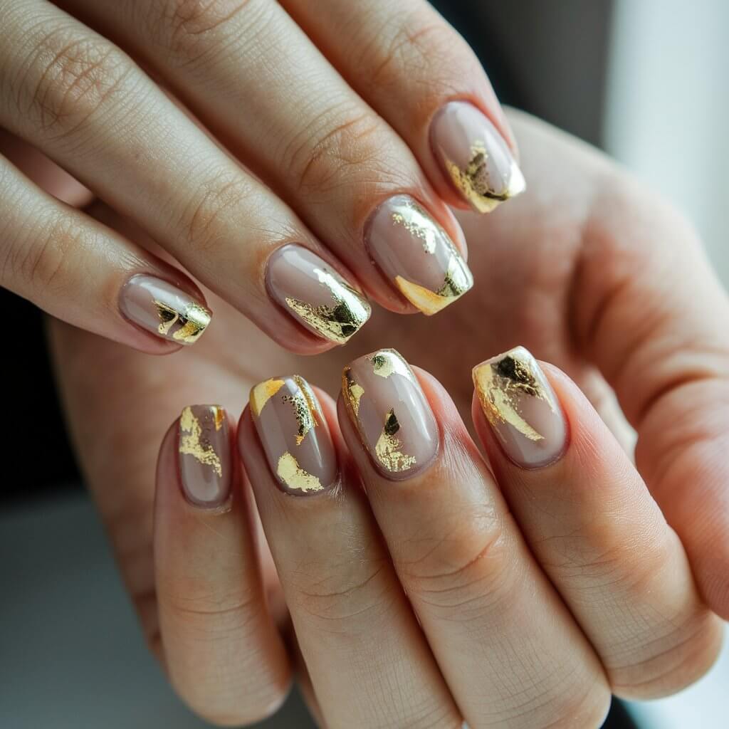 A close-up of a well-moisturized woman's hand with five fingers adorned with a gold foil birthday nails design. The nails have a sheer nude base with delicate gold foil flakes scattered across each nail, creating an elegant and luxurious effect. The foil pieces vary in size and shape, adding a unique, artistic touch. The hand is positioned gracefully, with slightly curled fingers, showcasing the gold accents that catch the light beautifully. The cuticles are meticulously groomed, and the glossy top coat enhances the brilliance of the foil. Natural background lighting softly illuminates the hand, adding warmth and depth to the image.