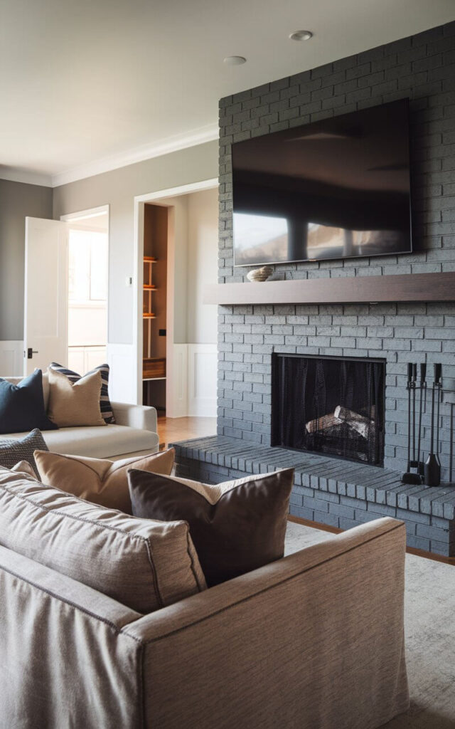 A chic gray brick fireplace adds a sophisticated, muted elegance to a contemporary living room. A very cozy sofa faces the fireplace, covered in soft, textured fabric with an assortment of neutral and deep-blue throw pillows. Above the sleek wooden mantel, an oversized plain large television. The room's subtle color palette of grays, whites, and warm browns ties the space together, creating a cozy yet refined atmosphere.