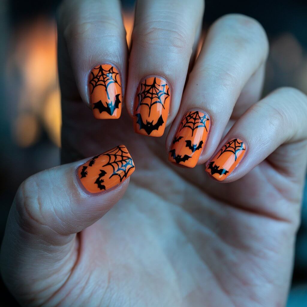 A close-up of a well-moisturized woman's hand with five fingers. The nails are coffin-shaped, with a vibrant orange base adorned with black spiderwebs, bats, and eerie silhouettes. The glossy finish reflects the natural background lighting, making the spooky details stand out. The fingers are slightly fanned out, displaying the intricate Halloween-themed designs. A softly blurred background with hints of moody, dark tones adds to the eerie yet stylish effect of the festive manicure.