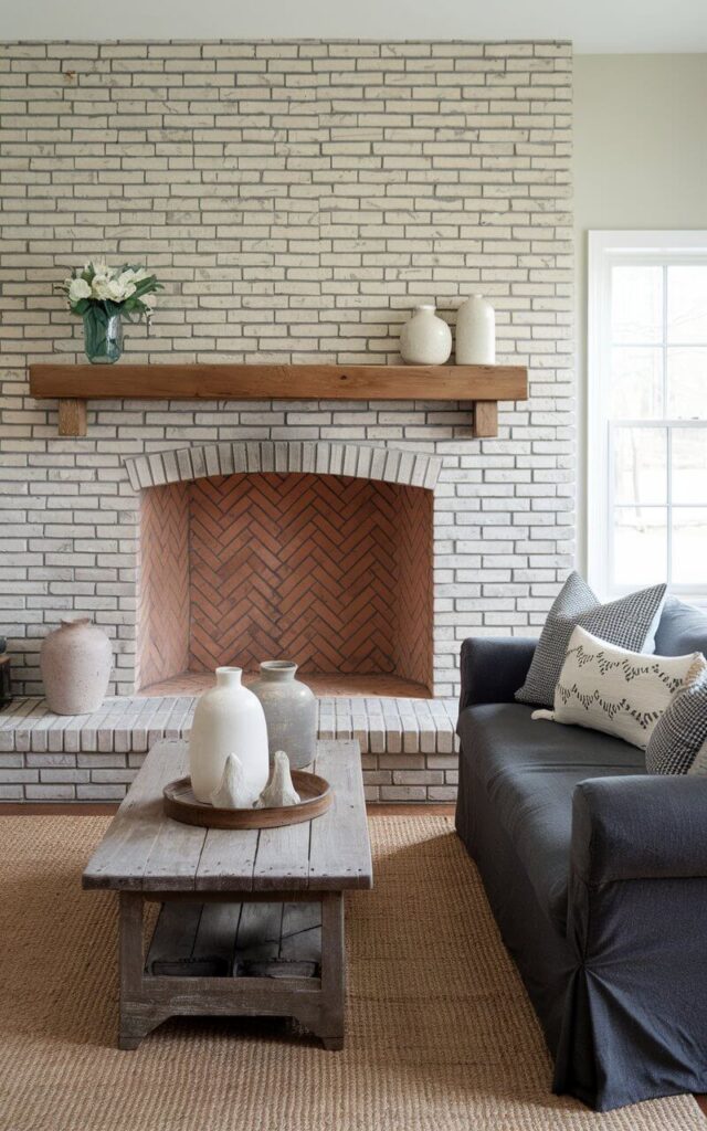 A photo of a living room with a brick fireplace. The fireplace has a herringbone-patterned firebox made of natural red bricks, which contrasts with the smooth, light-gray brick surround. The fireplace is the focal point of the room. A wooden mantel holds a simple floral arrangement and two decorative vases. A cozy sofa with deep seats covered in charcoal fabric is placed near the fireplace, layered with patterned throw pillows. A distressed plain wooden coffee table sits atop a jute area rug, adding texture and warmth to the elegantly styled space.