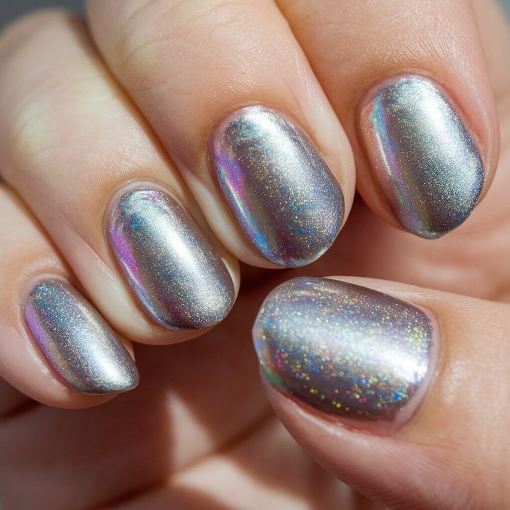 A close-up shot of a woman's hand with five holographic birthday nails. The nails have a dazzling holographic finish, shifting between silver, pink, and blue tones depending on the angle of light. They have a futuristic, high-energy look. The hand is positioned to capture the color shift as light bounces off the nails, enhancing their multidimensional shine. Natural background lighting adds a soft glow, making the holographic effect even more mesmerizing. The glossy top coat ensures a smooth, mirror-like finish, perfect for a birthday celebration.