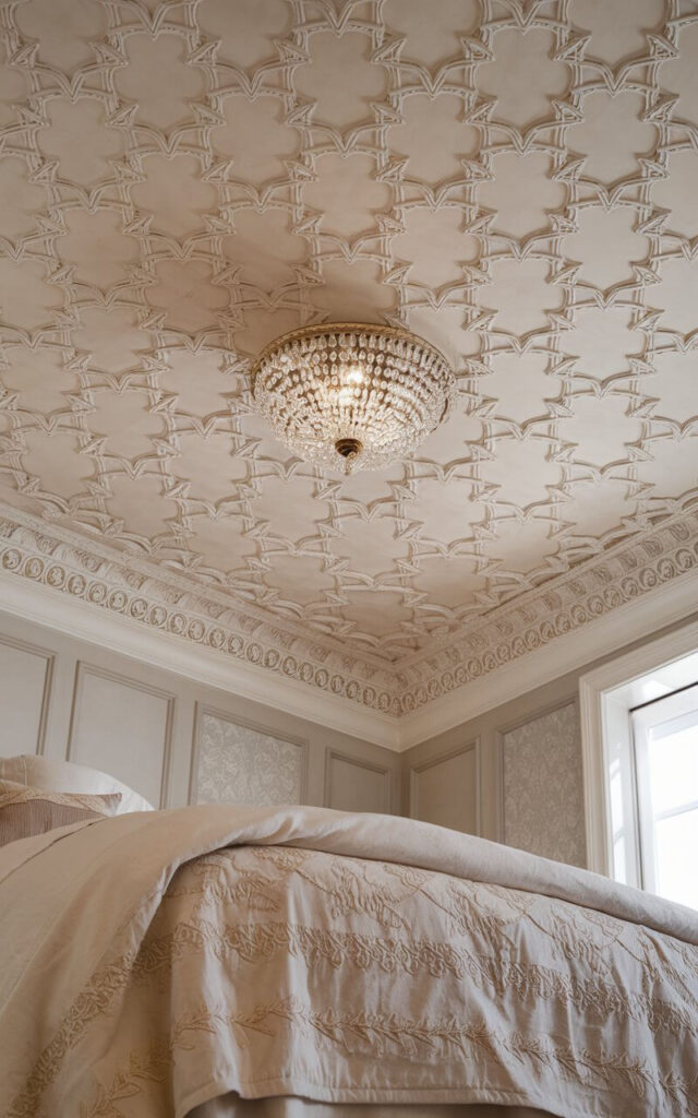 A photo of a close-up view of a ceiling wallpaper featuring a sophisticated latticework pattern in a soft champagne hue. The symmetrical, interwoven design adds a touch of refined elegance, perfect for traditional and contemporary spaces alike. Below, a very cozy bed dressed in crisp linens and an embroidered coverlet enhances the room's polished yet inviting feel. A vintage-inspired chandelier softly illuminates the wallpaper's intricate details, making the ceiling a statement feature.