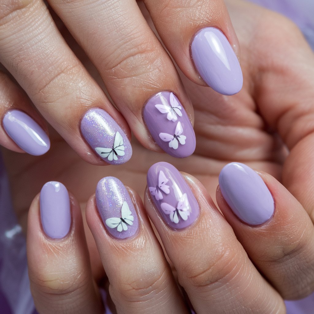 A close-up photo of a well-moisturized woman's hand with lavender birthday nails. There are five fingers, each with a soft pastel purple base and tiny, hand-painted butterflies in white and lilac. Some nails also have a touch of holographic shimmer. The background is natural and highlights the softness of the lavender shade. The glossy top coat enhances the delicate shimmer. This whimsical manicure is perfect for a fairy-tale-inspired birthday celebration.