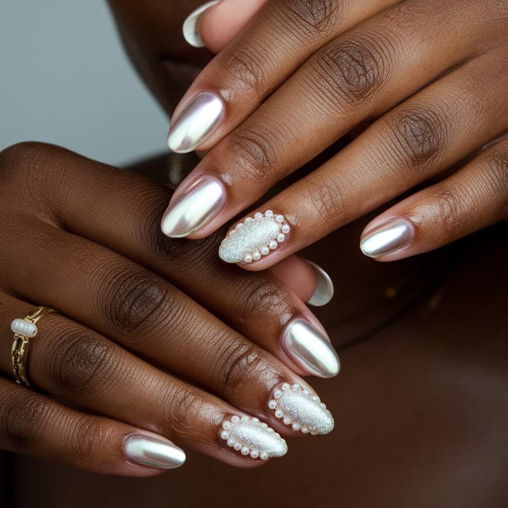 A close-up view of one well-moisturized woman's left hand showcases five fingers adorned with luxe pearl birthday nails. The nails feature a pearlescent chrome finish that shifts between soft white and pink hues, creating an elegant, luminous effect. Some nails are decorated with tiny pearl embellishments, adding a delicate, sophisticated touch.