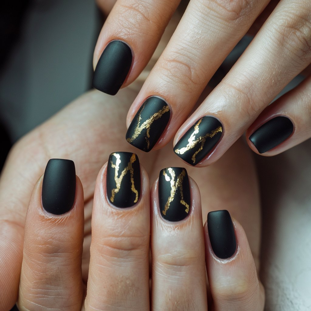 A close-up of a well-moisturized woman's hand with five fingers. Each finger has a matte black birthday nail accented with gold details. The nails are painted in a velvety matte black, with some featuring gold foil streaks and others outlined with fine metallic gold lines for an elegant contrast. The fingers are arranged elegantly, highlighting the sharp, stylish design. The smooth, matte finish contrasts beautifully with the reflective gold elements. Natural background lighting softly illuminates the nails, adding depth and making the gold details pop. The manicure is bold, sophisticated, and perfect for a statement birthday look.