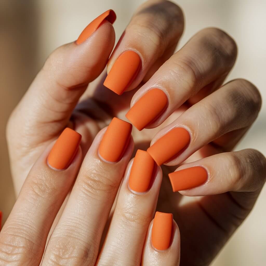 A close-up of a well-moisturized woman's hand showcases five fingers adorned with a striking matte orange manicure. The nails are medium-length and square-shaped, with a soft, velvety finish that absorbs the natural background lighting, giving them a modern, fashion-forward look. The warm, tangerine hue stands out beautifully against the woman's radiant skin. The fingers are slightly bent, emphasizing the smooth texture of the matte top coat. A softly blurred outdoor setting enhances the contrast between the bold nails and the serene background, making the manicure pop effortlessly.