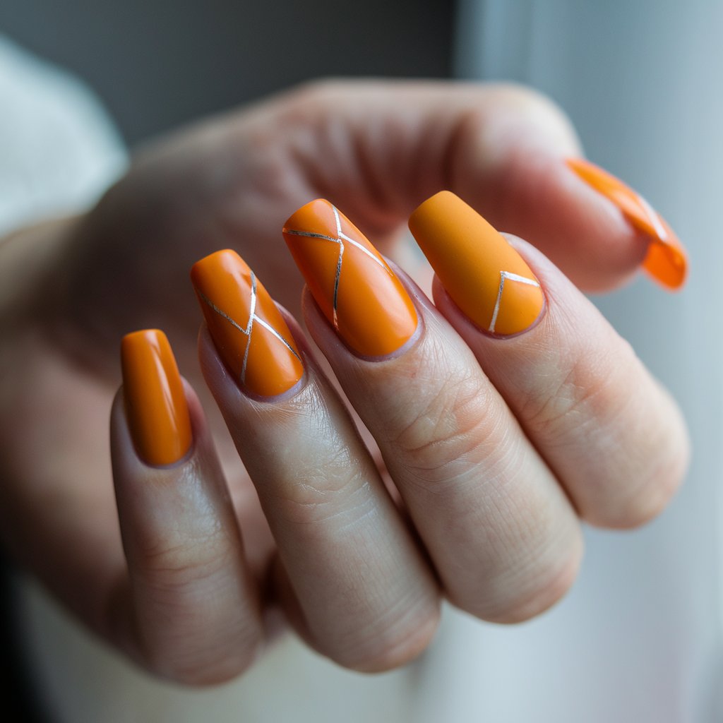 A close-up photo of a well-moisturized woman's hand with five fingers adorned with a shiny unique matte glossy orange nail design. The nails are coffin-shaped, featuring a striking contrast between the velvety matte base and the high-shine glossy details in geometric patterns, French tips, or abstract accents. The natural background lighting subtly enhances the dual finish, making the contrasting textures more noticeable. The fingers are gently curled, allowing the interplay between the matte and glossy effects to be fully appreciated. A softly blurred background provides a minimalistic backdrop, ensuring the bold yet elegant manicure remains the center of attention. The glossy contrast is shiny.