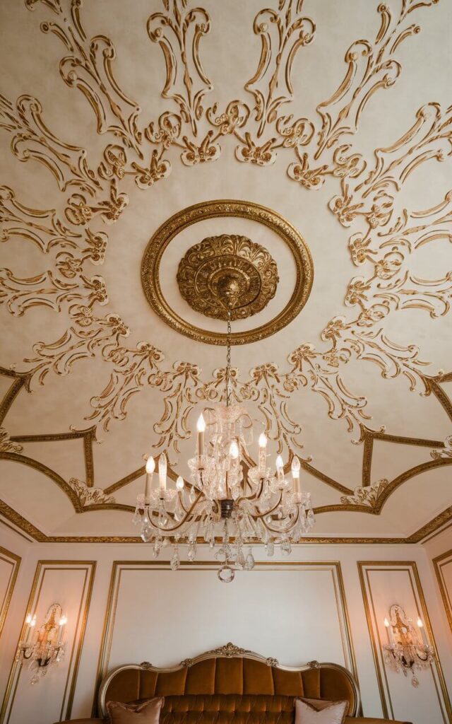 A close-up view of a ceiling wallpaper featuring an elegant baroque-inspired pattern radiating outward from a central ceiling medallion. The intricate swirls and gilded details in cream and gold evoke classic European sophistication. Below, a very cozy sofa upholstered in rich velvet sits beneath a grand chandelier, tying the luxurious aesthetic together. The soft glow of candle-style sconces enhances the wallpaper’s regal appeal, creating a timeless and opulent interior.