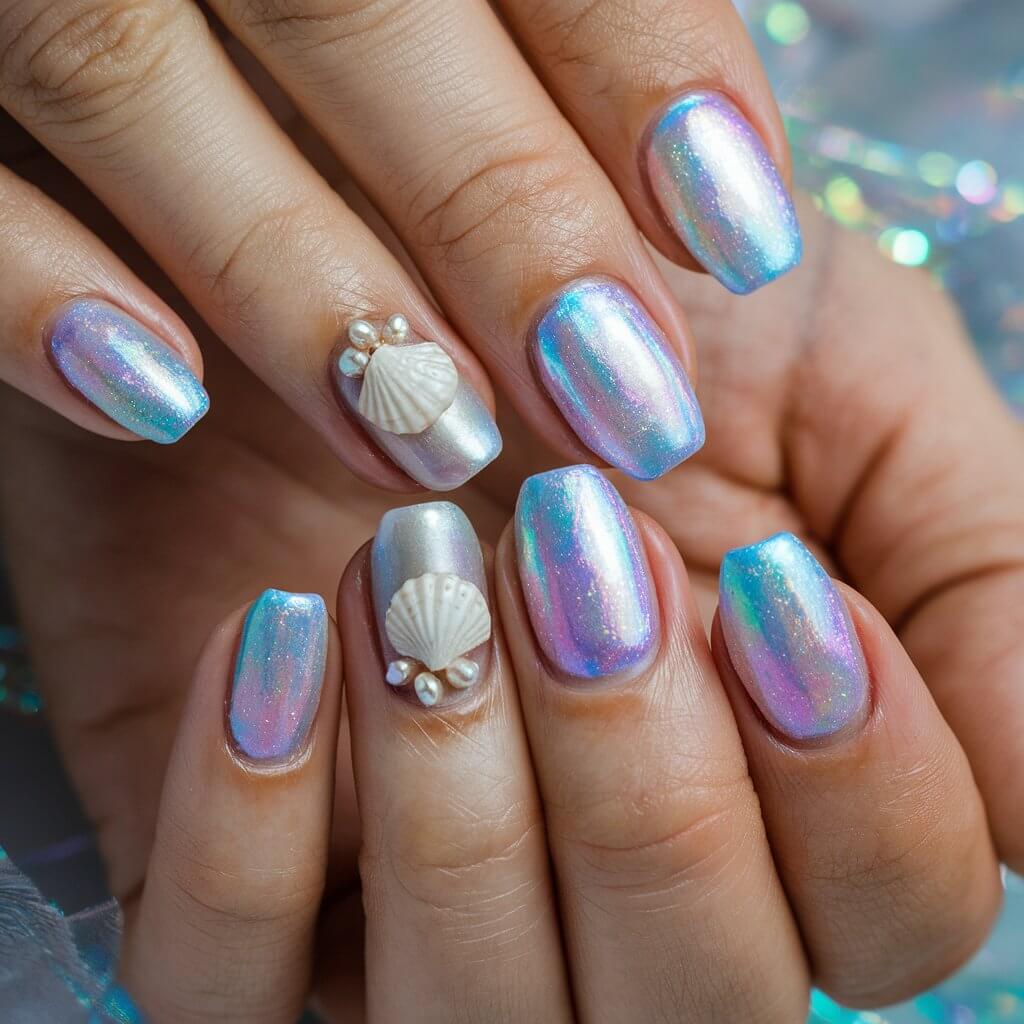 A close-up shot of a well-moisturized woman's hand with five iridescent mermaid birthday nails on each finger. The nails have a shimmering, pearly finish and change color between soft blues, purples, and pinks. Some nails have delicate seashell or pearl embellishments. The fingers are positioned gracefully, and the background is softly lit, enhancing the luminous, color-shifting effect of the polish. A high-gloss top coat seals the design, making these nails a stunning choice for an enchanting birthday celebration.