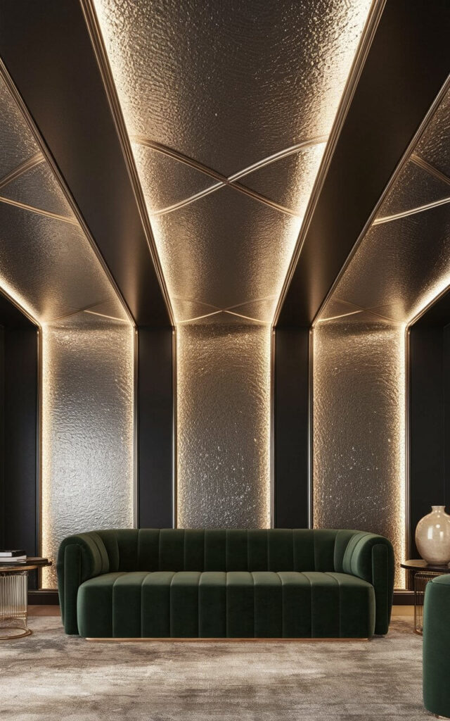 A close-up view of a minimalist ceiling wallpaper featuring an elegant metallic design, where gold and silver accents shimmer against a textured black background. The wallpaper catches the light beautifully, reflecting a soft glow throughout the room. Beneath it, a very cozy sofa in a deep plain emerald green sits atop a plush area rug, enhancing the luxurious atmosphere. Gold-trimmed furniture and a ceramic vase complete the high-end aesthetic, making the space feel opulent and refined.