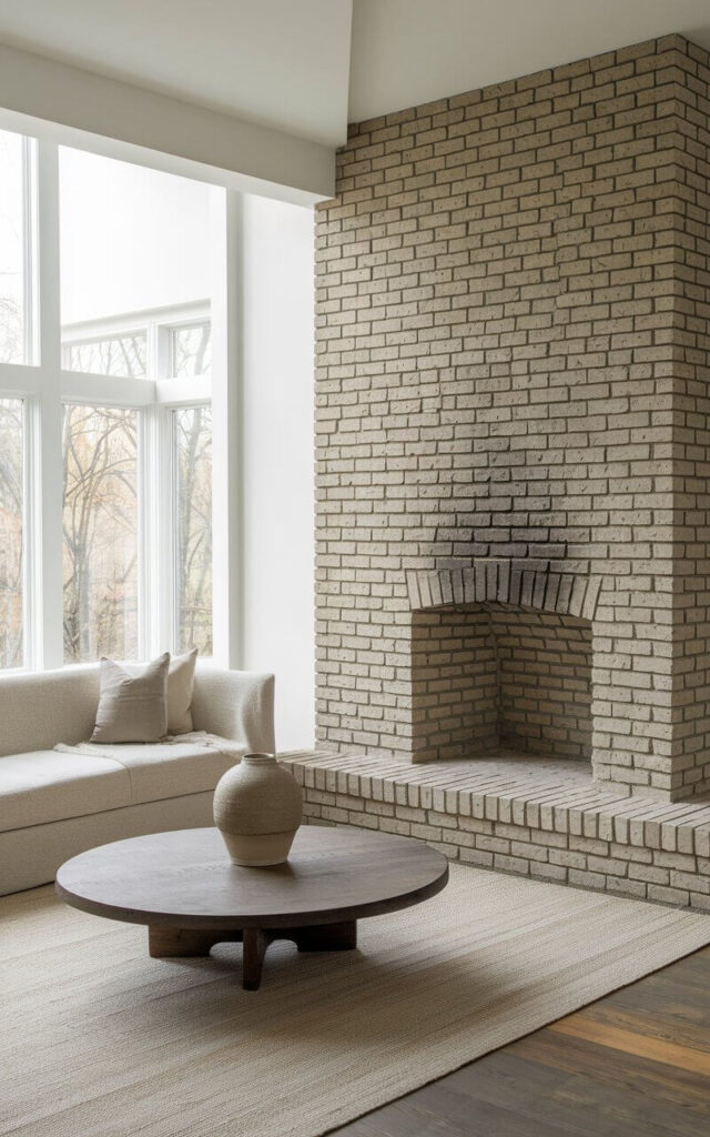 A photo of a minimalist living room with a brick fireplace. The fireplace is completely bare, with no mantel or other decorations. The exposed brick is the focal point of the room. A cozy sofa with neutral upholstery is placed in front of the fireplace. A round wooden coffee table with a large ceramic vase sits on a minimalist woven rug. Large windows let in lots of natural light, highlighting the understated elegance of the space.