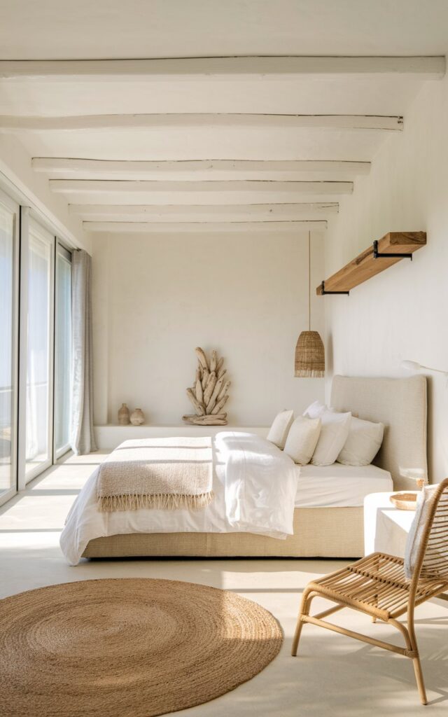 A photo of a coastal bedroom with a minimalistic design. The room has a cozy headboard bed with crisp white linens and a single textured throw. The bed is positioned against a bare white wall. A wooden shelf is mounted on the wall above the bed. There are a few decor elements, such as a woven pendant lamp and a single driftwood artwork. The room has floor-to-ceiling windows that allow natural light to stream in. A soft jute rug and a single rattan chair are also in the room, adding warmth without overwhelming the space.