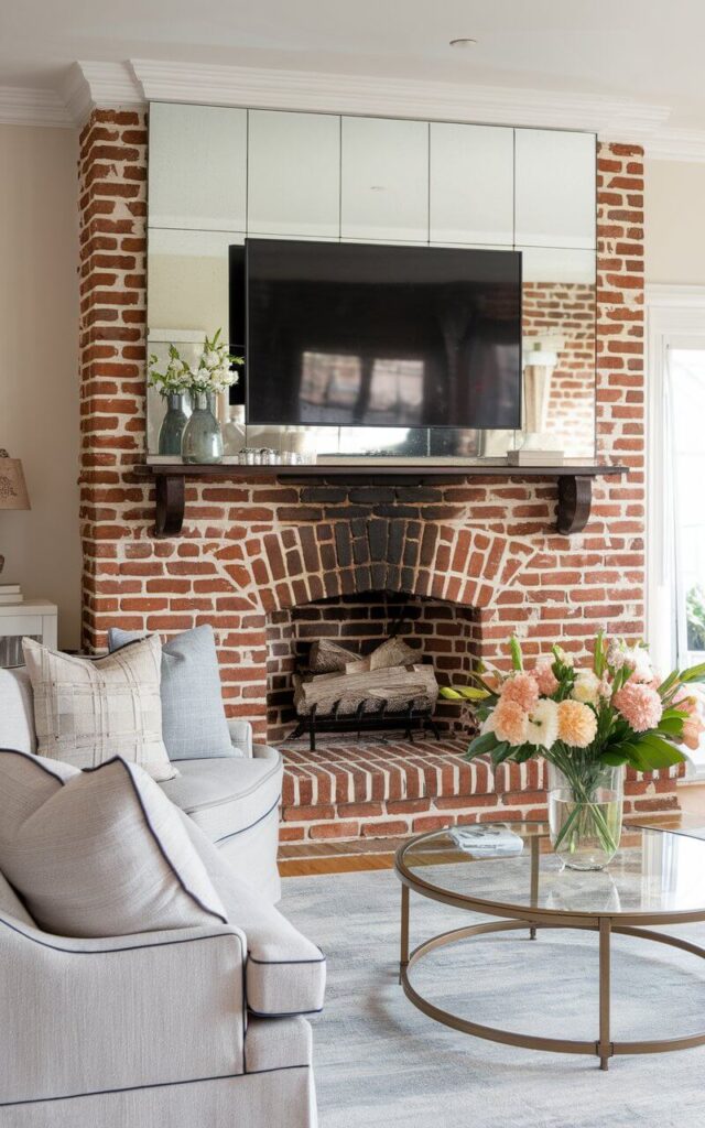 A living room photo with a striking brick fireplace. The fireplace is topped with a mirrored mantel, reflecting natural light and making the space feel brighter and more open. The classic red brickwork provides an earthy contrast to the sleek mirrored surface, which holds an oversized black television. A very cozy sofa faces the fireplace, upholstered in light gray fabric with plush cushions. A round glass coffee table with a vase of large fresh flowers sits nearby, surrounded by soft area rugs and decorative accents that enhance the room's stylish, airy feel.