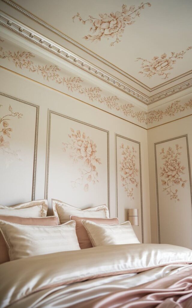 A close-up view of a high bedroom ceiling wallpaper featuring a delicate decorative border along the edges. The elegant floral motifs in gold and cream add subtle sophistication. Below, a very cozy bed with luxurious satin bedding in ivory and blush tones complements the refined aesthetic. The soft, ambient lighting accentuates the wallpaper’s intricate details.