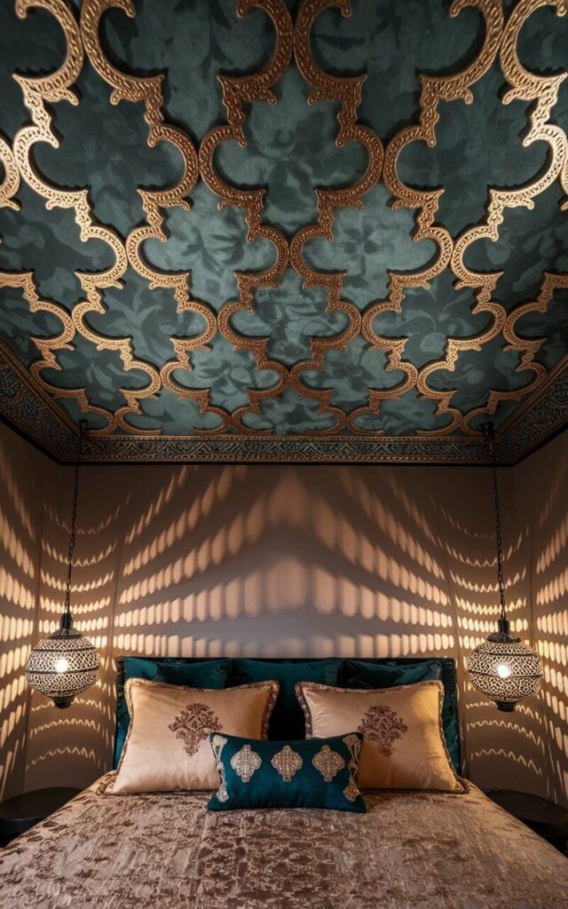 A close-up view of a ceiling wallpaper featuring an ornate Moroccan pattern in deep teal and gold. The symmetrical, arabesque motifs exude opulence, while metallic accents catch the light, adding a luxurious dimension. Below, a very cozy bed with embroidered pillows and a textured duvet reflects the room's global-inspired aesthetic. Hanging lantern-style lights cast intricate shadows, enhancing the wallpaper's exotic charm and making the space feel warm and inviting.