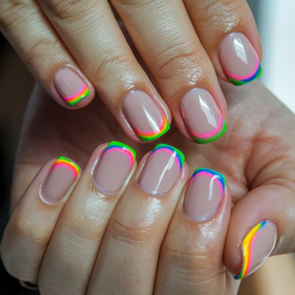 A close-up of a well-moisturized woman's hand showcases five fingers featuring neon rainbow French tip birthday nails. Each nail has a sheer nude base with vibrant, electric-colored tips in shades of pink, orange, yellow, green, and blue. The crisp, curved French design adds a modern and playful touch. The fingers are slightly spread apart, highlighting the bold neon hues. Natural background lighting enhances the bright colors, making them pop against the neutral base. A glossy top coat gives the nails a smooth, sleek finish, making them the perfect fun and energetic birthday manicure.