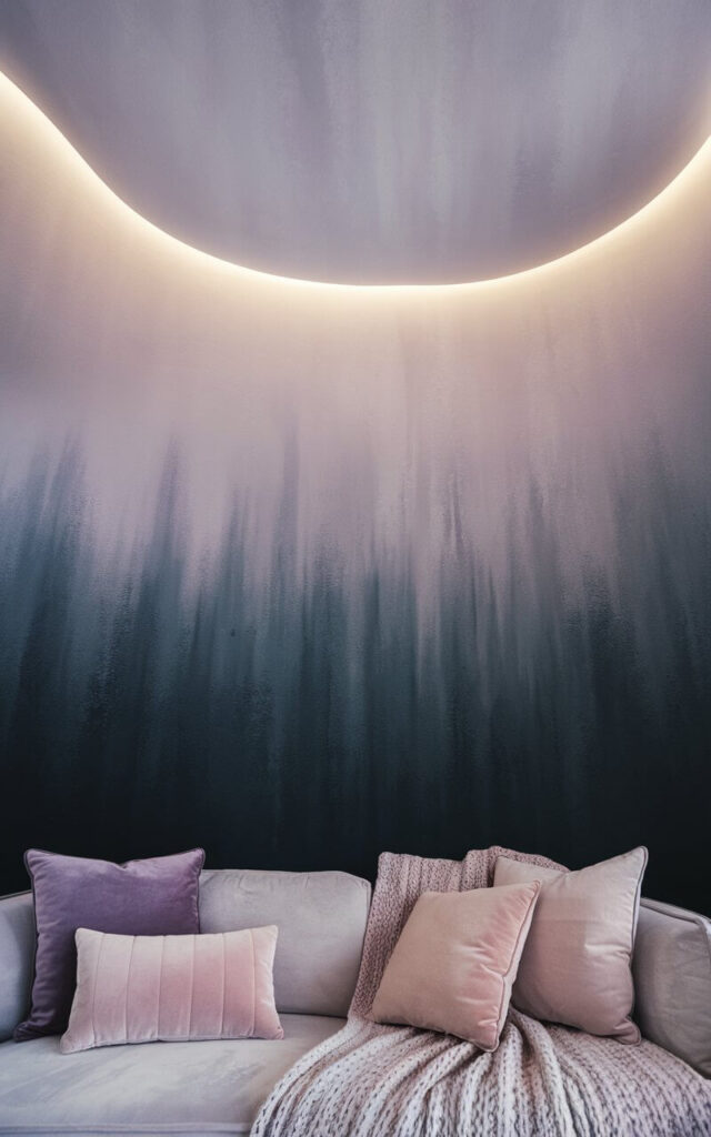 A close-up view of a ceiling wallpaper showcasing a delicate ombre transition from pale lavender to deep indigo. The soft gradient creates a dreamy, atmospheric effect, making the ceiling feel expansive. Below, a very cozy sofa adorned with plush pastel cushions and a knit throw completes the tranquil setting. The interplay of soft lighting and the ombre hues evokes a sense of calm and elegance, perfect for a relaxing living space.