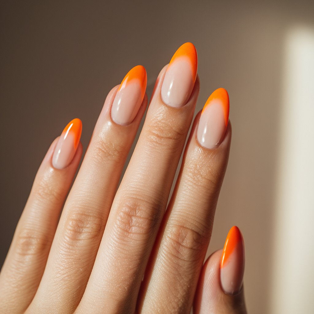 A close-up of a well-moisturized woman's hand presents five fingers adorned with a modern orange French fade design. The soft gradient seamlessly blends from a sheer nude base into a warm, vibrant orange at the tips. The nails are almond-shaped, creating an elongated, elegant look. Natural background lighting accentuates the flawless blend, giving the ombré effect a seamless transition. The fingers are positioned to highlight the smooth color fade, while a softly blurred background with neutral tones ensures the focus remains on the sophisticated yet trendy manicure.