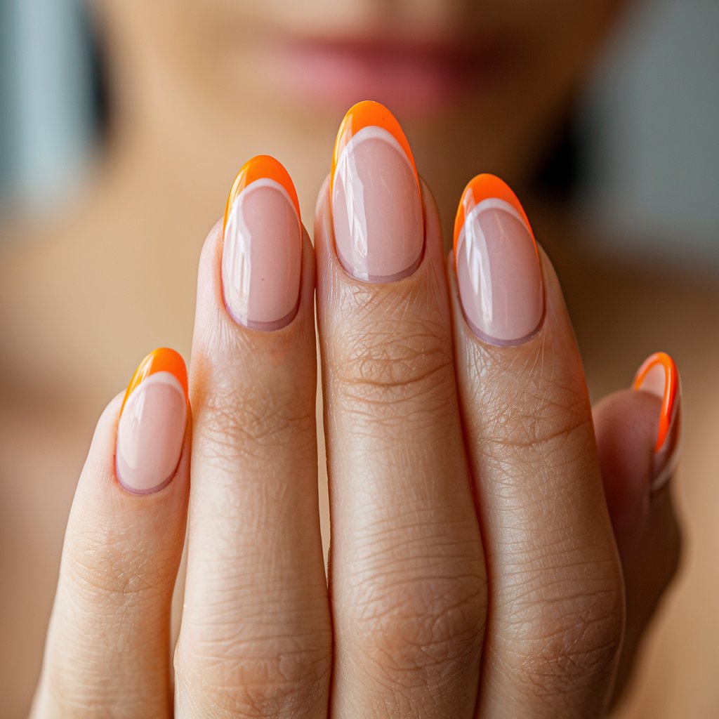 A close-up of a well-moisturized woman's hand with five fingers elegantly posed to showcase a modern French manicure with bold orange tips. The base is a soft, sheer pink, allowing the vibrant orange edges to take center stage. The precise smile lines create a sophisticated contrast, accentuated by natural background lighting. The nails are almond-shaped, elongating the fingers beautifully. Subtle reflections on the glossy finish add dimension, enhancing the crispness of the design. A blurred, neutral-toned background ensures the focus remains on the impeccable orange French tips.