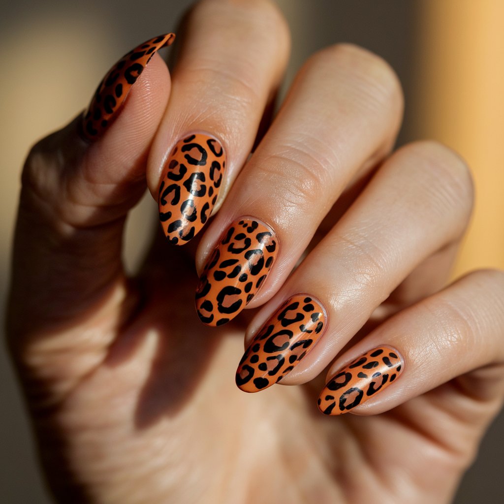 A close-up of a well-moisturized woman's hand with a fierce orange leopard print manicure. The nails are almond-shaped, with a glossy burnt-orange base decorated with black and brown leopard spots. The natural background lighting enhances the high-shine finish, making the pattern pop. The fingers are elegantly posed, ensuring the intricate details of the animal print are clearly visible. A softly blurred background in warm, neutral tones creates a stylish contrast, keeping the bold leopard design as the main focus.