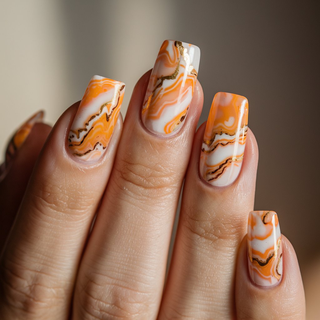 A close-up of a well-moisturized woman's hand showcases five fingers featuring a luxurious orange marble design. The nails are long and square-shaped, with a translucent base swirled with deep orange, white, and gold veins for an artistic, fluid effect. The natural background lighting highlights the intricate details of the marble pattern. The fingers are gracefully positioned, allowing the delicate swirling effect to be the main focus. A softly blurred background in neutral tones adds a sophisticated contrast to the artistic manicure.