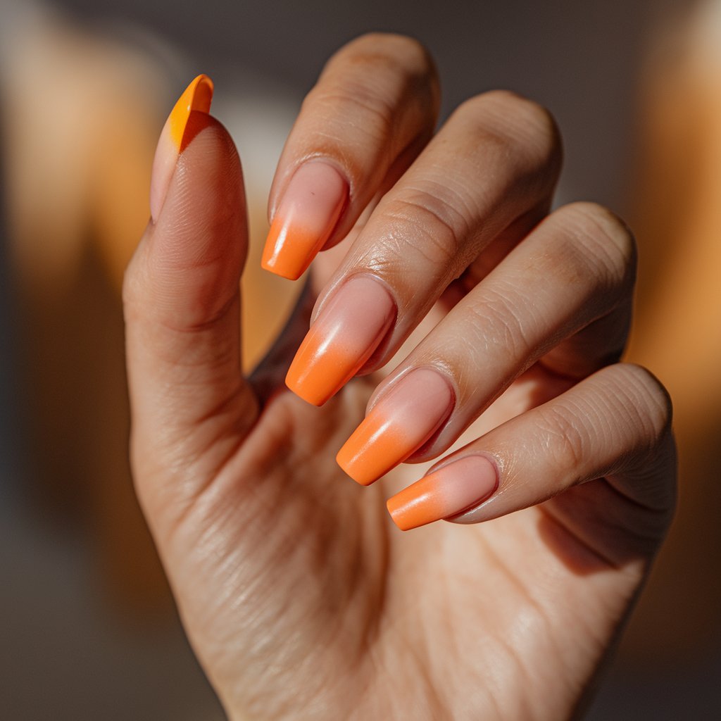 A close-up of a well-moisturized oily skin of a woman's hand displays five fingers gracefully curved to highlight a seamless orange ombre manicure. The gradient transitions from a soft, peachy nude at the cuticles to a vivid tangerine hue at the tips, blending effortlessly. The nails are medium-length and coffin-shaped, enhancing the smooth fade. Natural background lighting enhances the gradient effect, casting a soft glow that accentuates the glossy finish. The blurred background features warm, neutral tones, subtly complementing the warm orange shades in the ombre design. All the nails match.