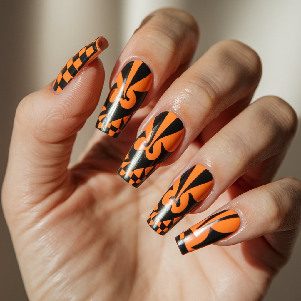 A close-up shot of a well-moisturized woman's hand with five fingers. Each nail is long and coffin-shaped, with a striking orange and black geometric pattern. Some nails have a split design, while others feature abstract swirls or checkerboard details. The glossy finish enhances the vibrancy of the colors and reflects the natural background lighting. The fingers are elegantly positioned, emphasizing the edgy yet sophisticated aesthetic. The background is softly blurred and neutral, ensuring the high-contrast design remains the focal point.