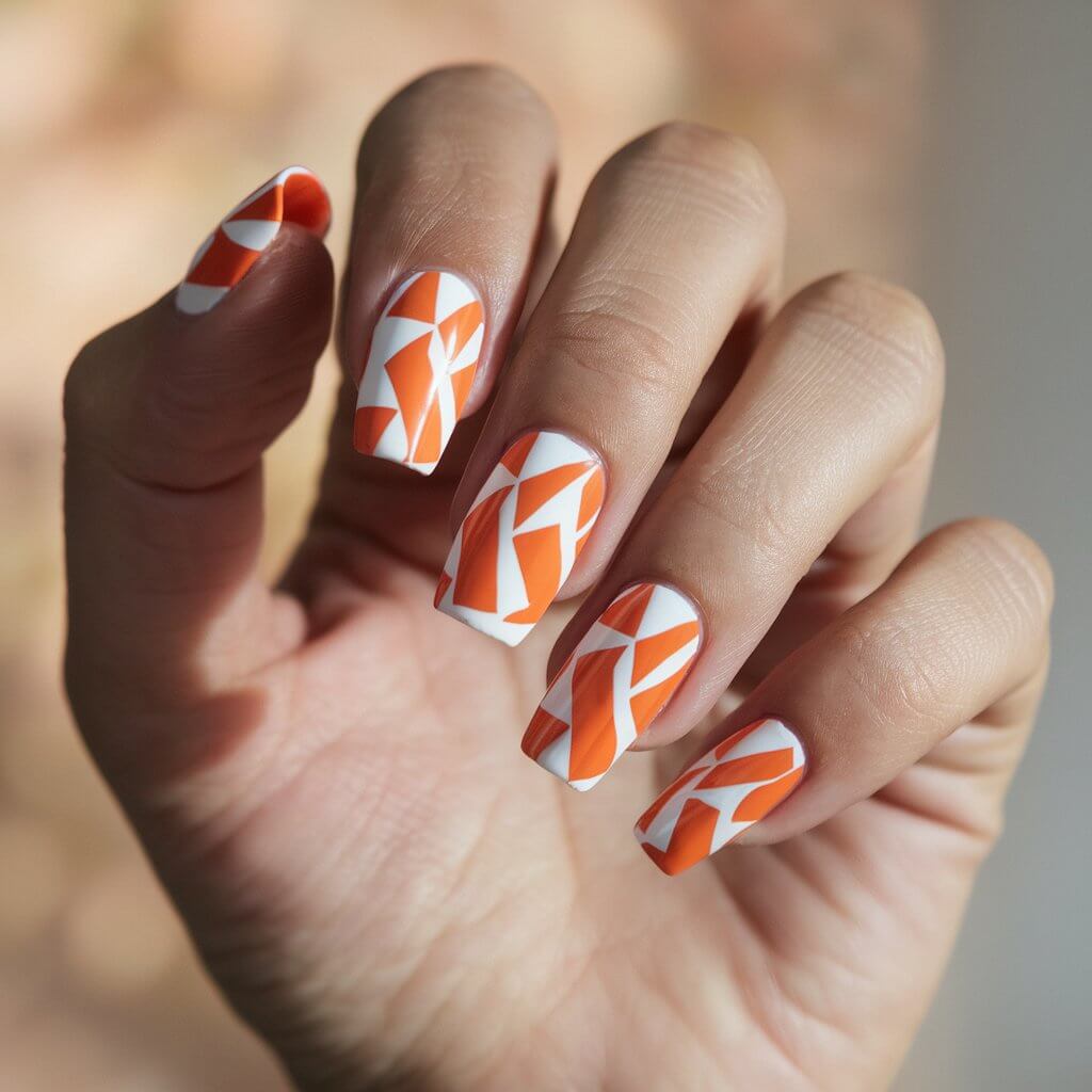 A photo of a woman's hand with five fingers. The nails are coffin-shaped and have a bold, glossy orange base with crisp white geometric patterns. The hand is well-moisturized and the skin is smooth. The background is natural and softly blurred, allowing the orange and white design to stand out. The fingers are elegantly spread, emphasizing the modern, minimalist aesthetic.