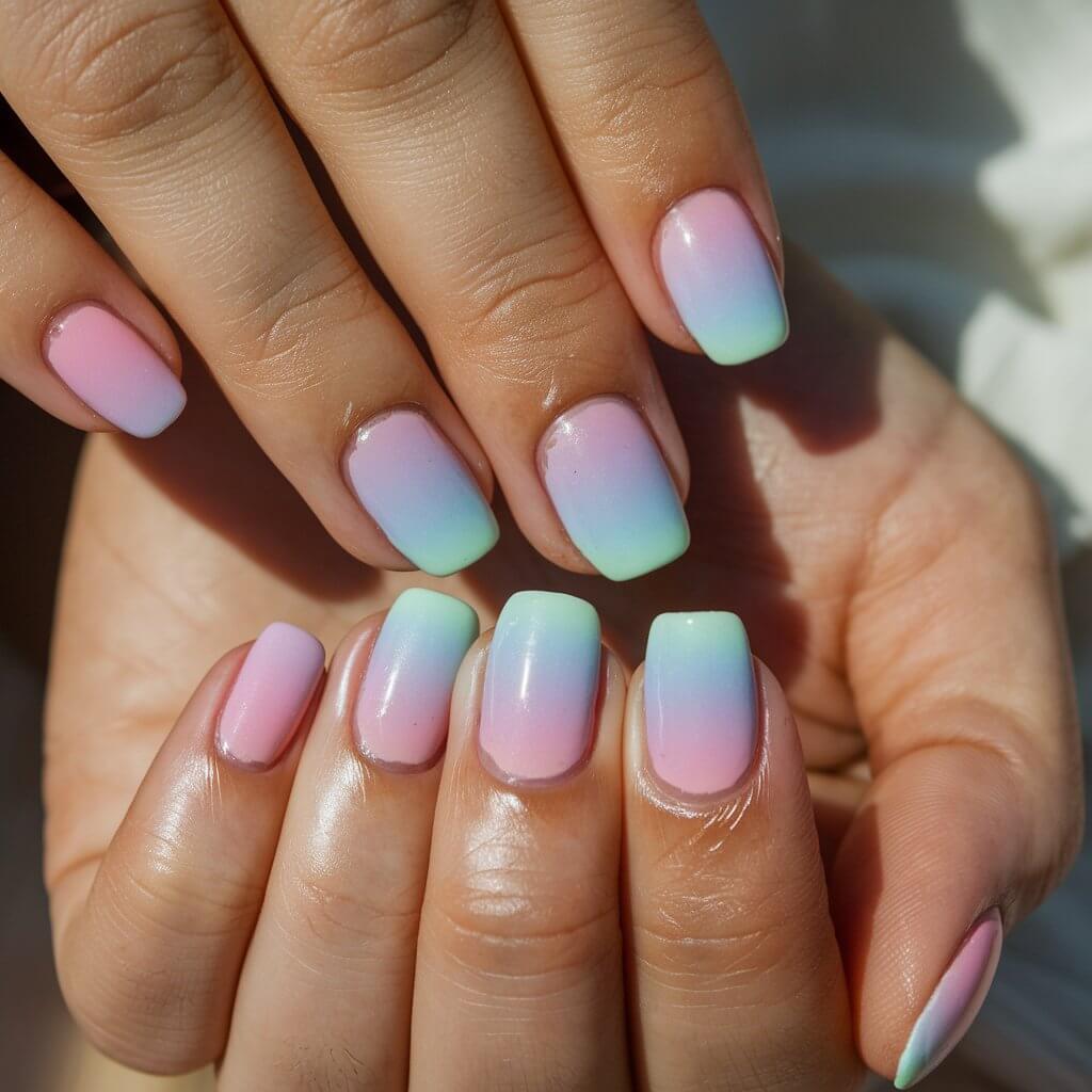 A close-up of a well-moisturized woman's hand with pastel ombré birthday nails. The nails have five fingers and the colors transition seamlessly from soft pink to baby blue, lavender, and mint green. The gradient is smooth, blending effortlessly for a delicate and elegant appearance. The fingers are slightly curled, showcasing the gentle color transitions. The background is natural and the lighting highlights the soft hues, enhancing their subtle beauty. The high-shine top coat gives a glossy, polished finish, making these nails a perfect choice for a birthday with a touch of sophistication.